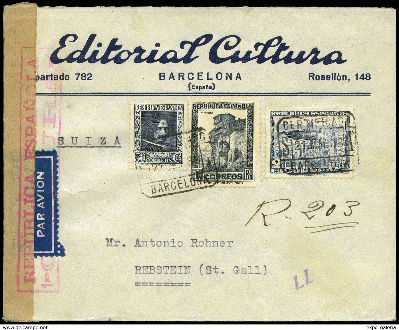 Ed. 689-738 - Carta Cda Correo Aereo Certificado De Barcelona A Rebstein (Suiza) 21/May/38 - Neufs