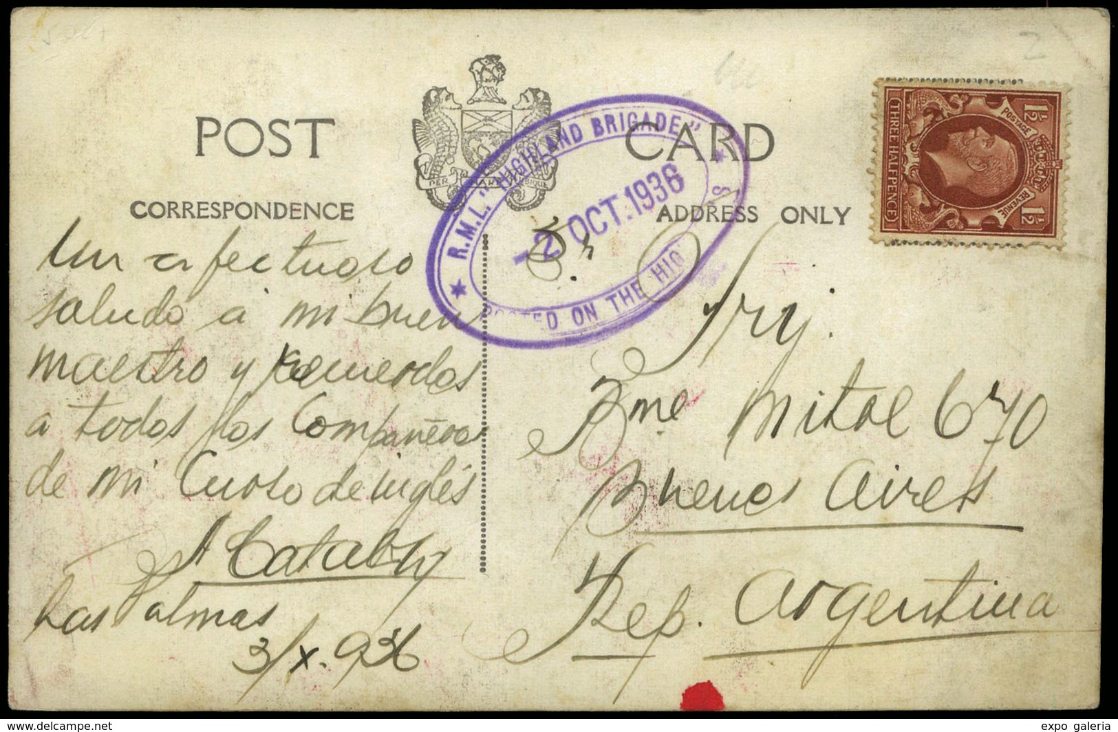 T.P.sello Inglés 1936. Las Palmas. 3/X/1936. Carta Cda A Argentina Con Marca Ovalada “R.M.C. Highland Brigade…" - Ungebraucht