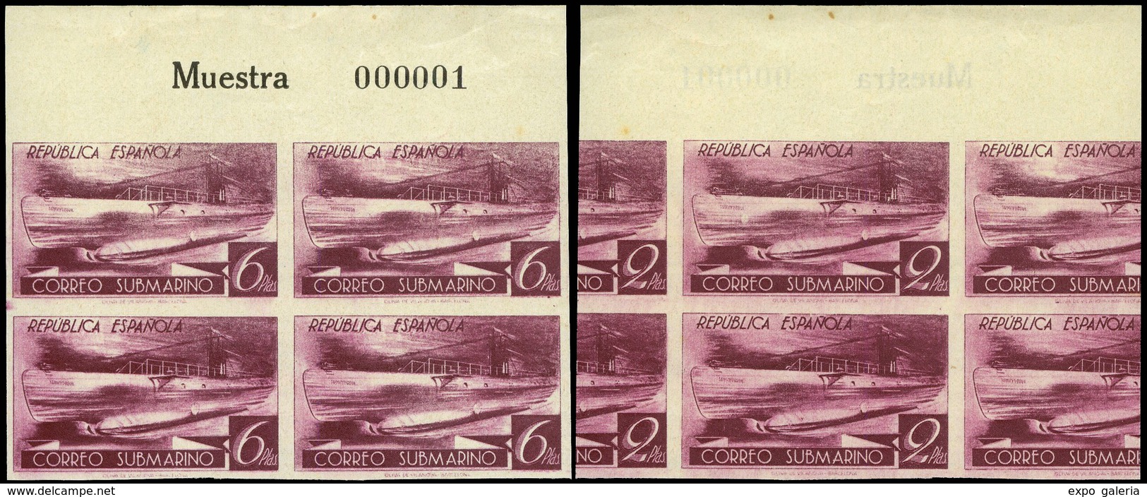 Ed. * 778cccs Bl.4 S/D. 6 Ptas. Malva Impresión En Reverso 2 Ptas. + Impresión “Muestra 000001” - Ungebraucht