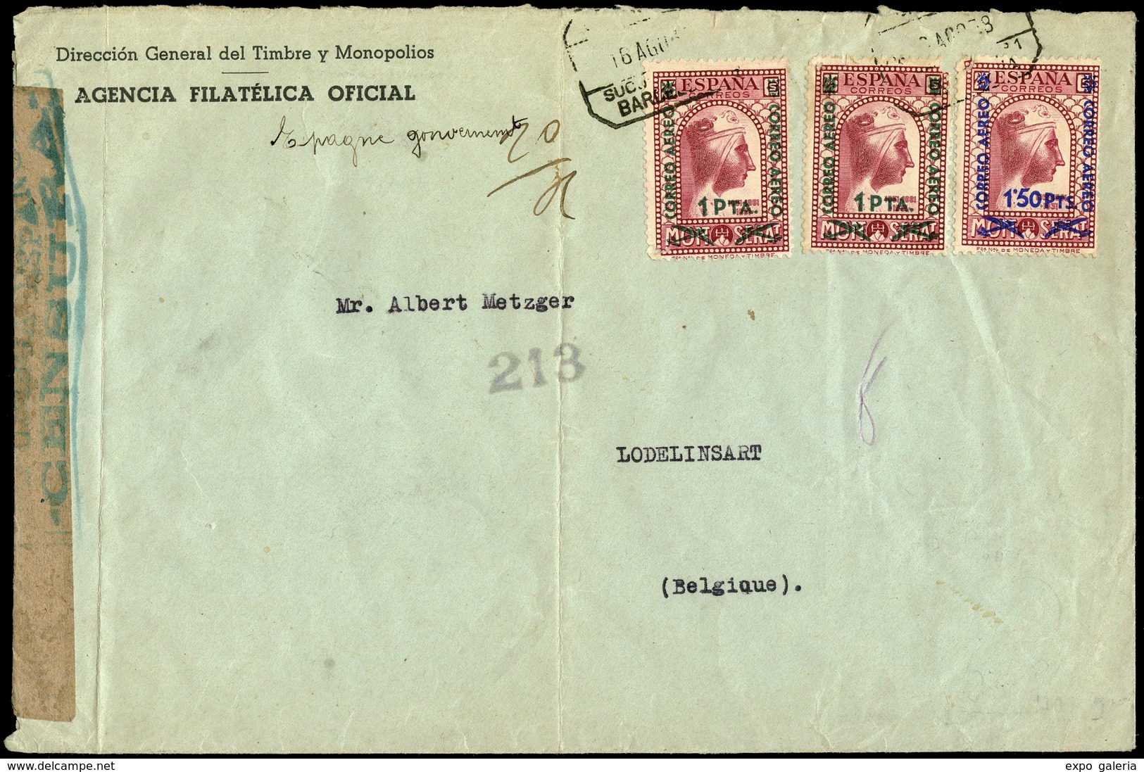 Ed. 738(2)-785 - Carta Cda Correo Certificado De Barcelona A Belgica En Sobre De La A.F.O. - Neufs