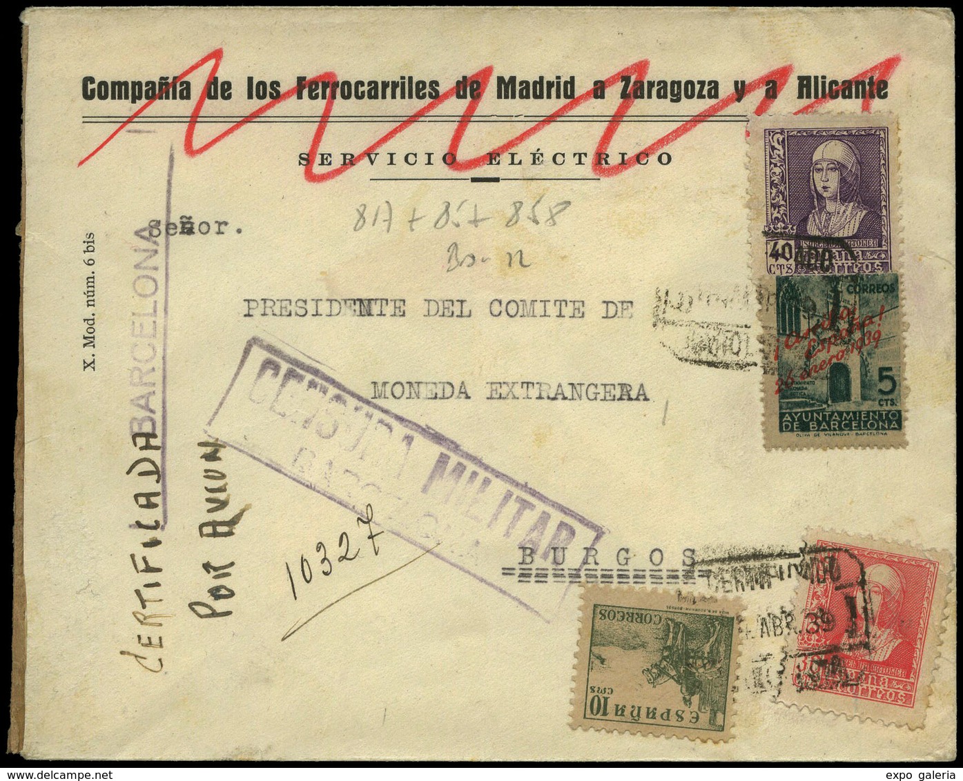 Ed. 817-857+858+Barna 22 - Cda De “Barcelona Certificado Por Avión 18/IV/39” + C.M. A Burgos - Unused Stamps