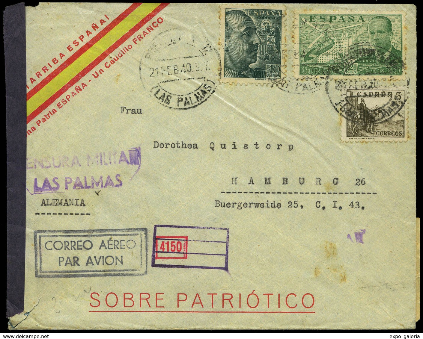 Ed. 816A+870+885 - Sobre Patriótico De “Puerto De La Luz 23/02/40” A Alemania - Unused Stamps