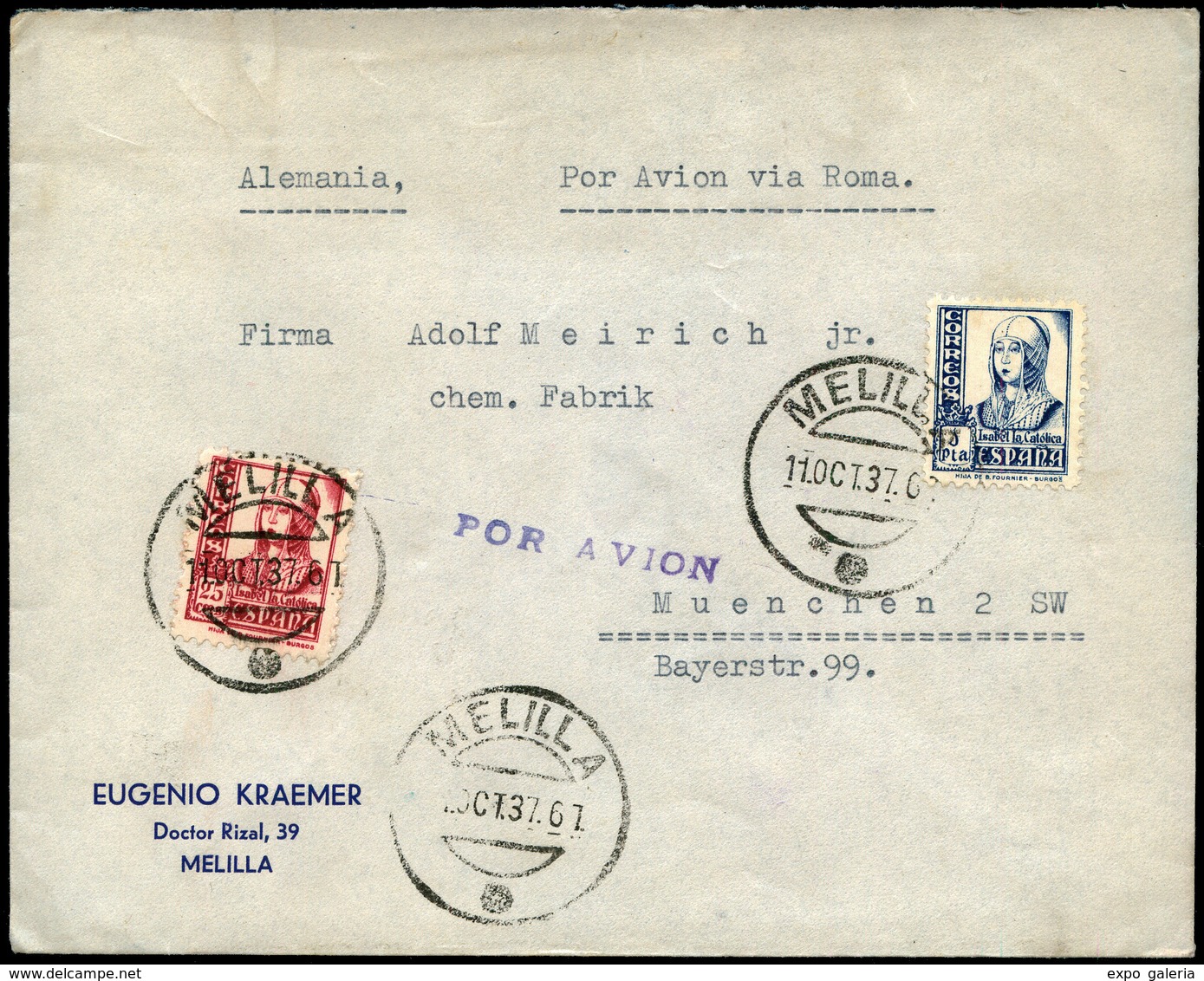 Ed. 828-822 - Carta Cda, Correo Aereo De Melilla A Munich (via Roma) + Marca Lineal “por Avión” (rara). 11/Oct/37. - Ongebruikt