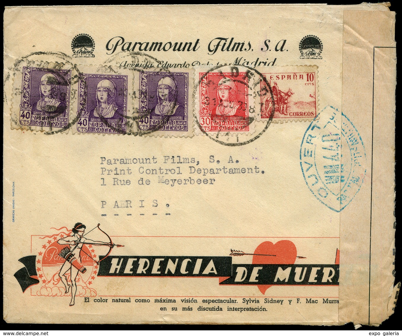 Ed. 858(3)-857 - Carta Cda De Madrid A Paris. Sobre Con Publicidad Ilustrada De La Pelicula “Herencia De Mujer…" - Unused Stamps