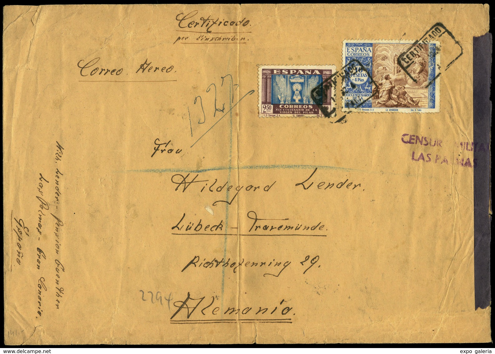 Ed. 902-900 - 1940. Carta Cda Correo Aereo, De Las Palmas A Alemania 20/4/40. Precioso Y Raro Franqueo Pilar En Carta. - Ungebraucht