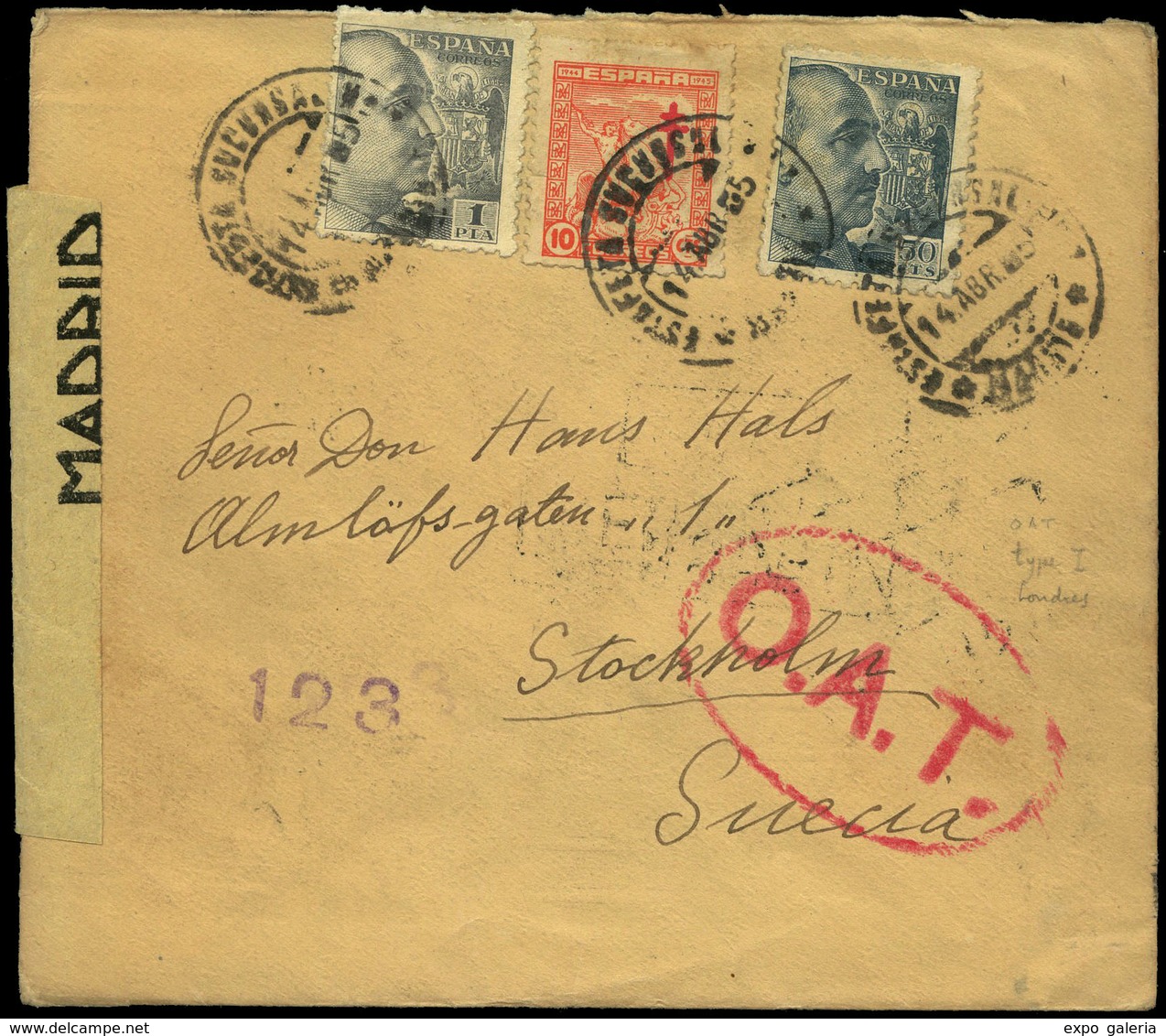 Ed. 927-930+984 - 1945. Marca De Re-encaminamiento. Carta Cda De “Madrid 16/IV/45” A Suecia. - Ungebraucht