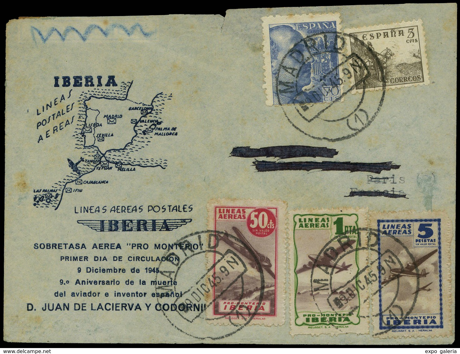 Ed. 929-916 - 1945. Carta Cda En Sobre Ilustrado Y Con 3 Viñetas “Lineas Aereas Iberia 9/12/45” - Ungebraucht