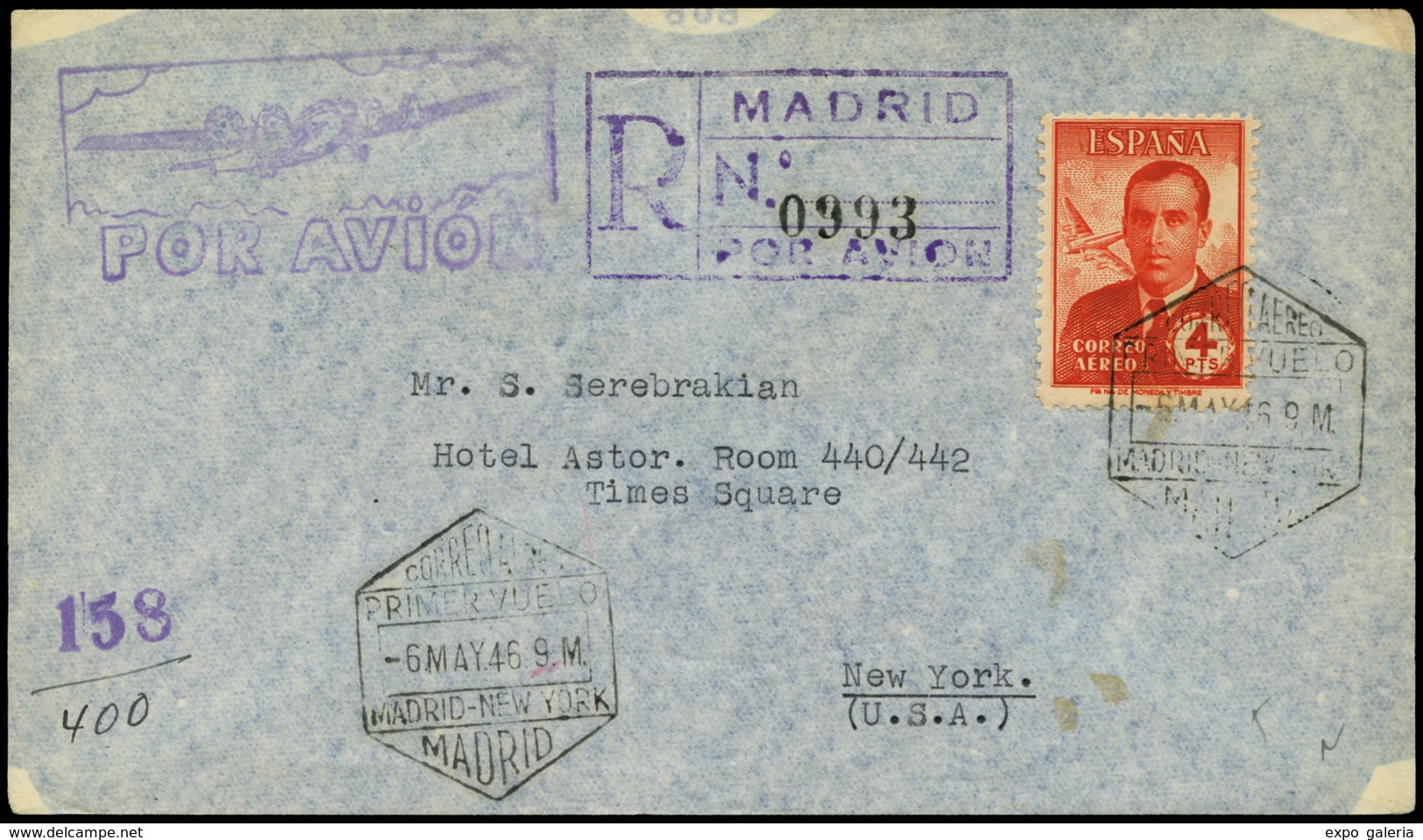 Ed. 991 - Carta Con Mat. Gomis 129 “Madrid 6/5/49. Primer Vuelo Madrid-N.York” Cdo Por Correo Certificado. - Ungebraucht