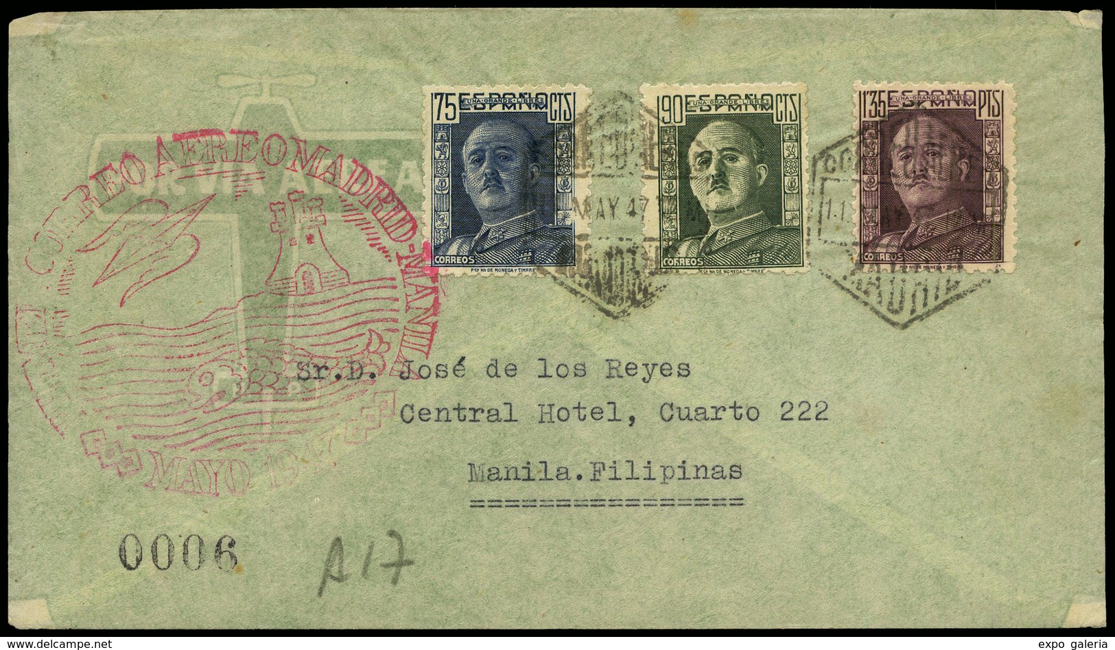 Ed. 999-1000+1001 - Carta Cda Con Marca Gomis A17 “1º Vuelo Madrid-Manila 11/05/37” Hay Llegada. - Briefe U. Dokumente