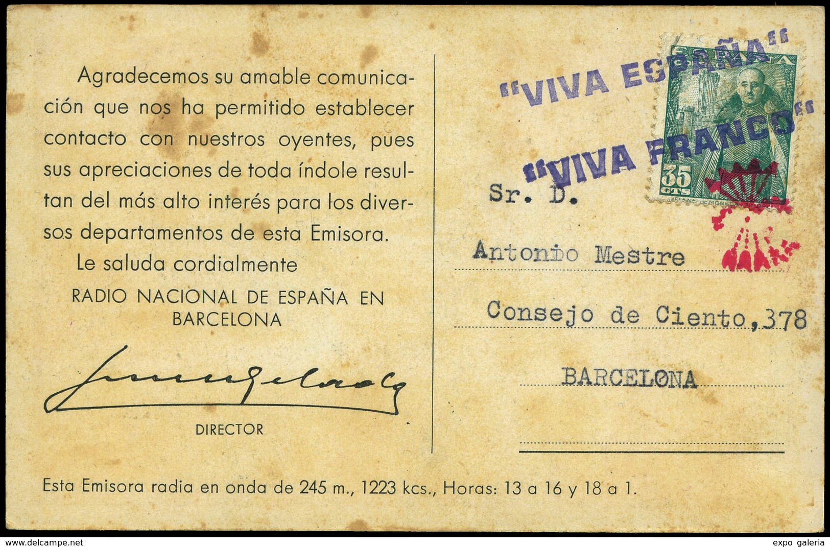 Ed. T.P. 1026 - Tarjeta Postal “Radio Nacional España Acuse De Comunicación” Con Marcas “Viva España” Y “Viva Franco” - Ungebraucht
