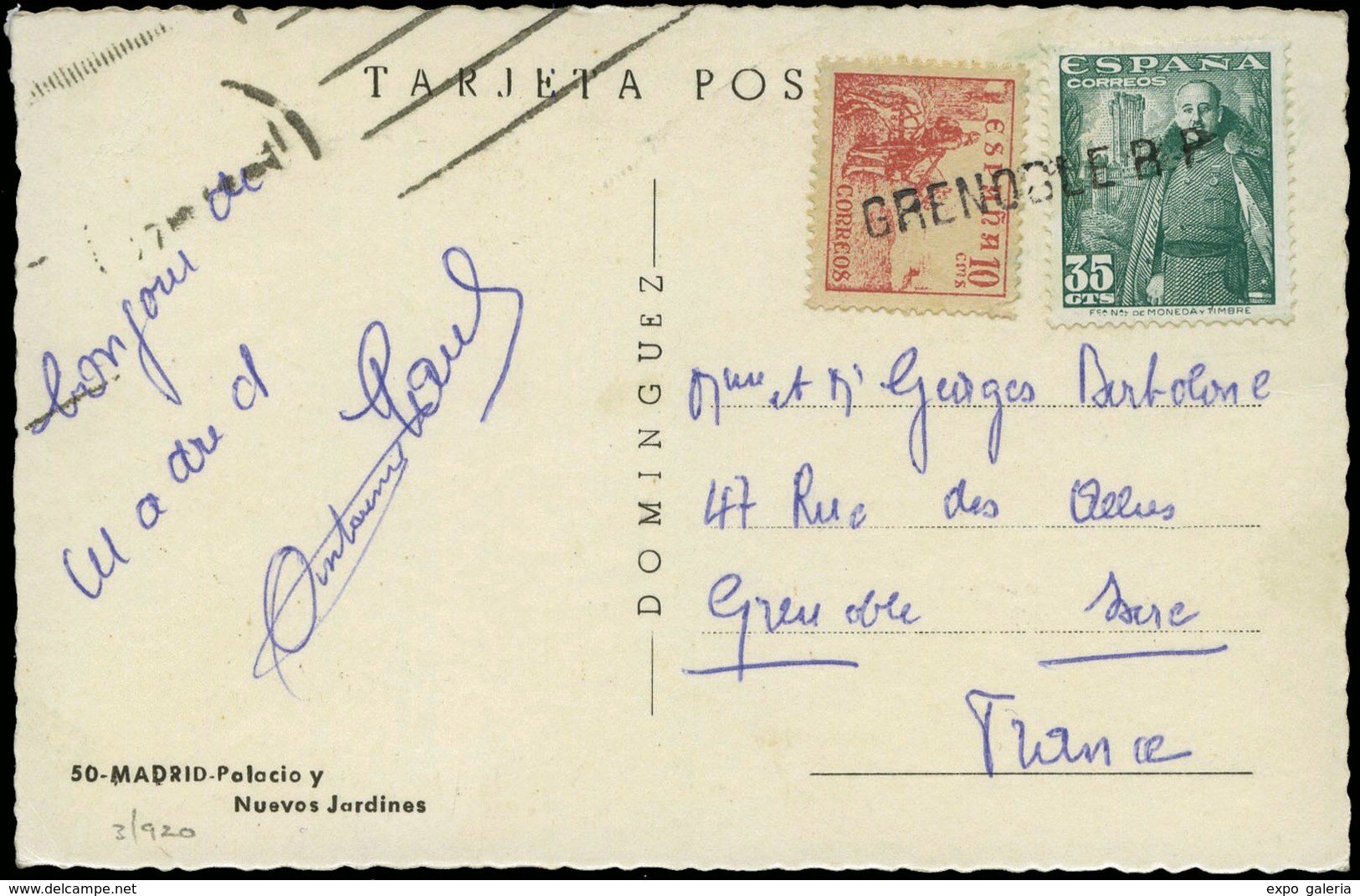 Ed. T.P 1026-1045 - Tarjeta De Madrid A Francia, Matasellada A La Llegada Con Marca Lineal “Grenoble B.P.” - Ongebruikt