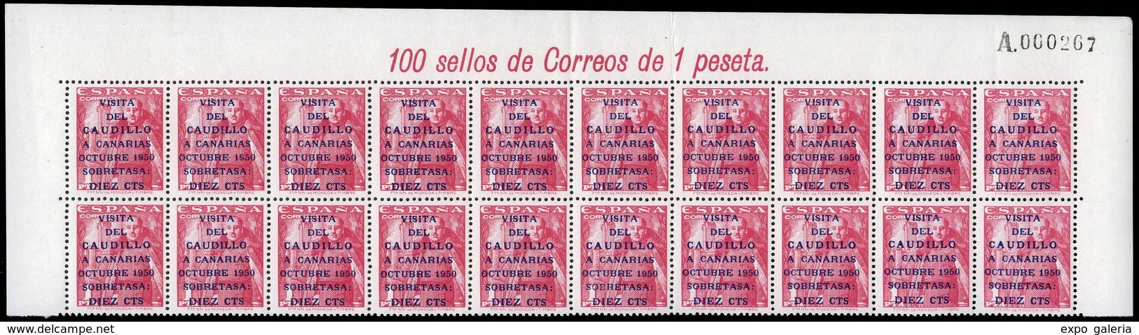 Ed. *** 1088/9 +1088/9 He - 1951. Bloque De 20 Series Sin Charnela. Cabecera De Pliego (contiene 2 Series Variedad) - Unused Stamps
