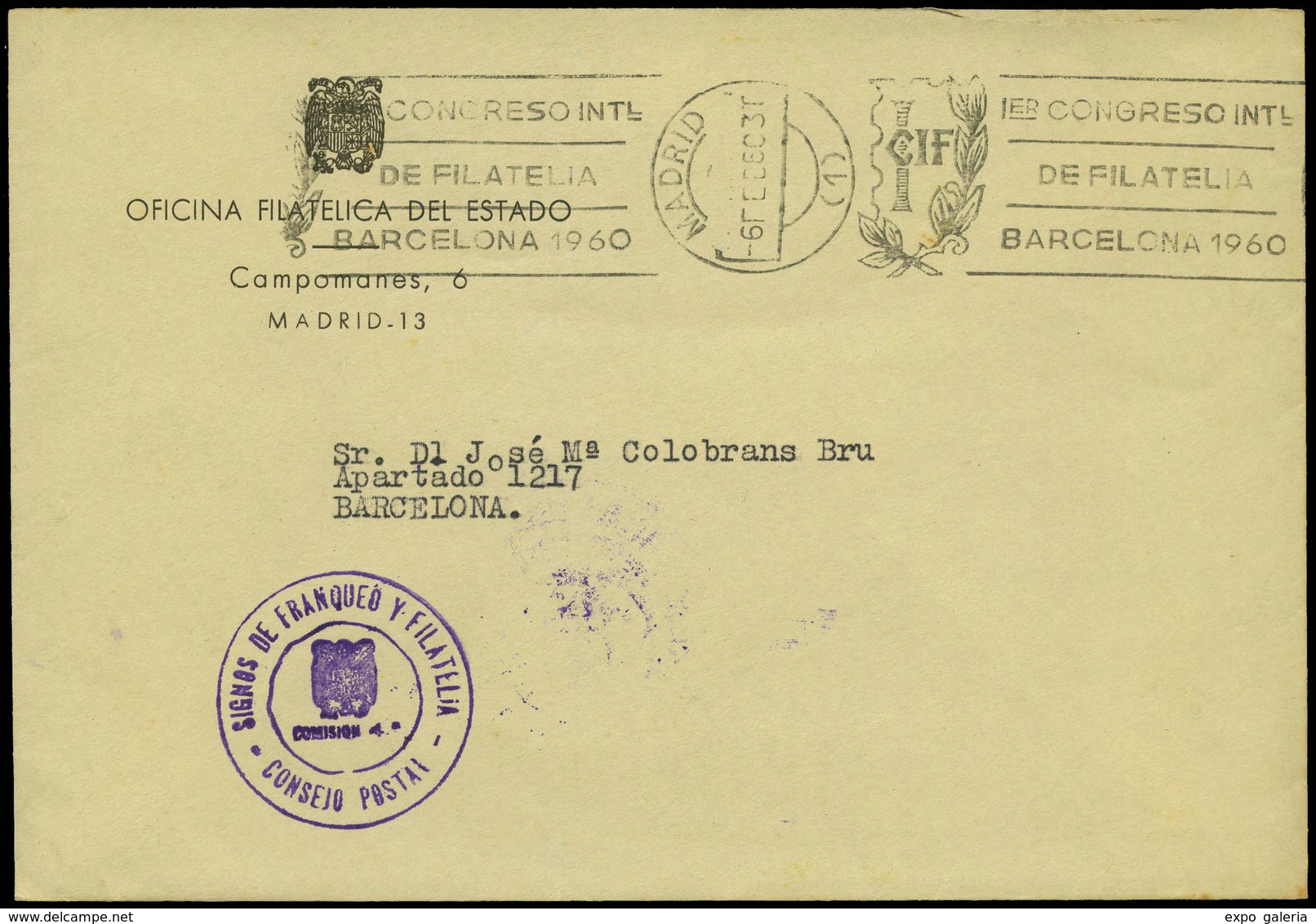 Carta Cda Con Rara Franquicia “Signos De Franqueo Y Filatelia-Consejo Postal” Y Rodillo “CIF 06/02/60” - Ungebraucht