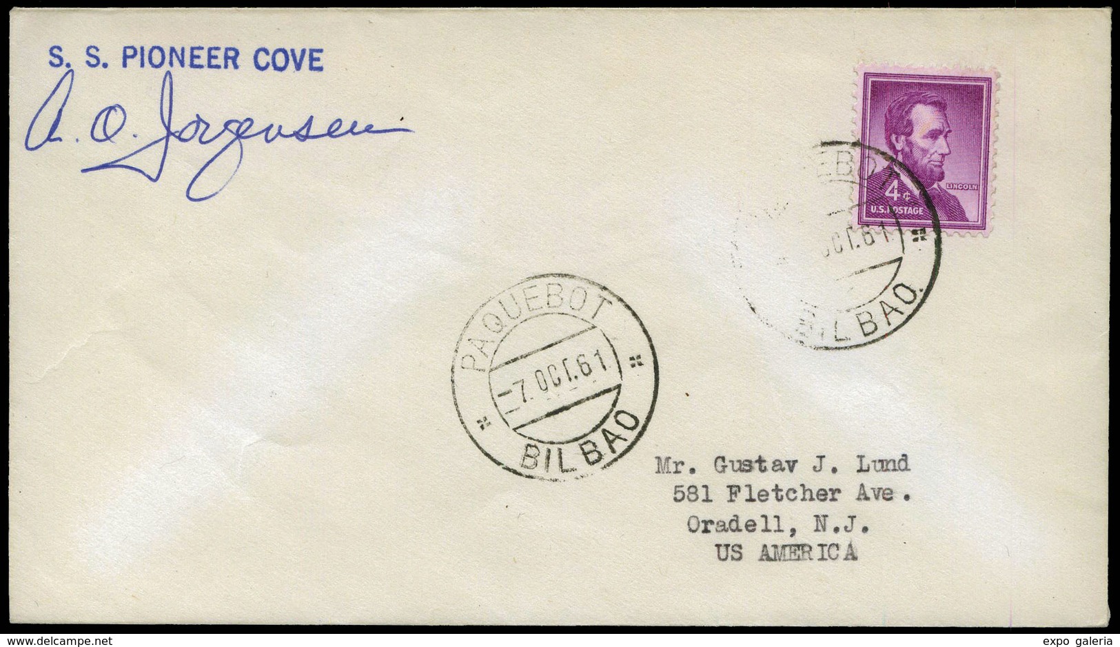 Sello USA 1961.Bilbao. Fechador “Paquebot 07/06/61.Bilbao” Y Marca Y Firma “S.S. Pioneer Cove” A USA. Ex Aracil. - Unused Stamps