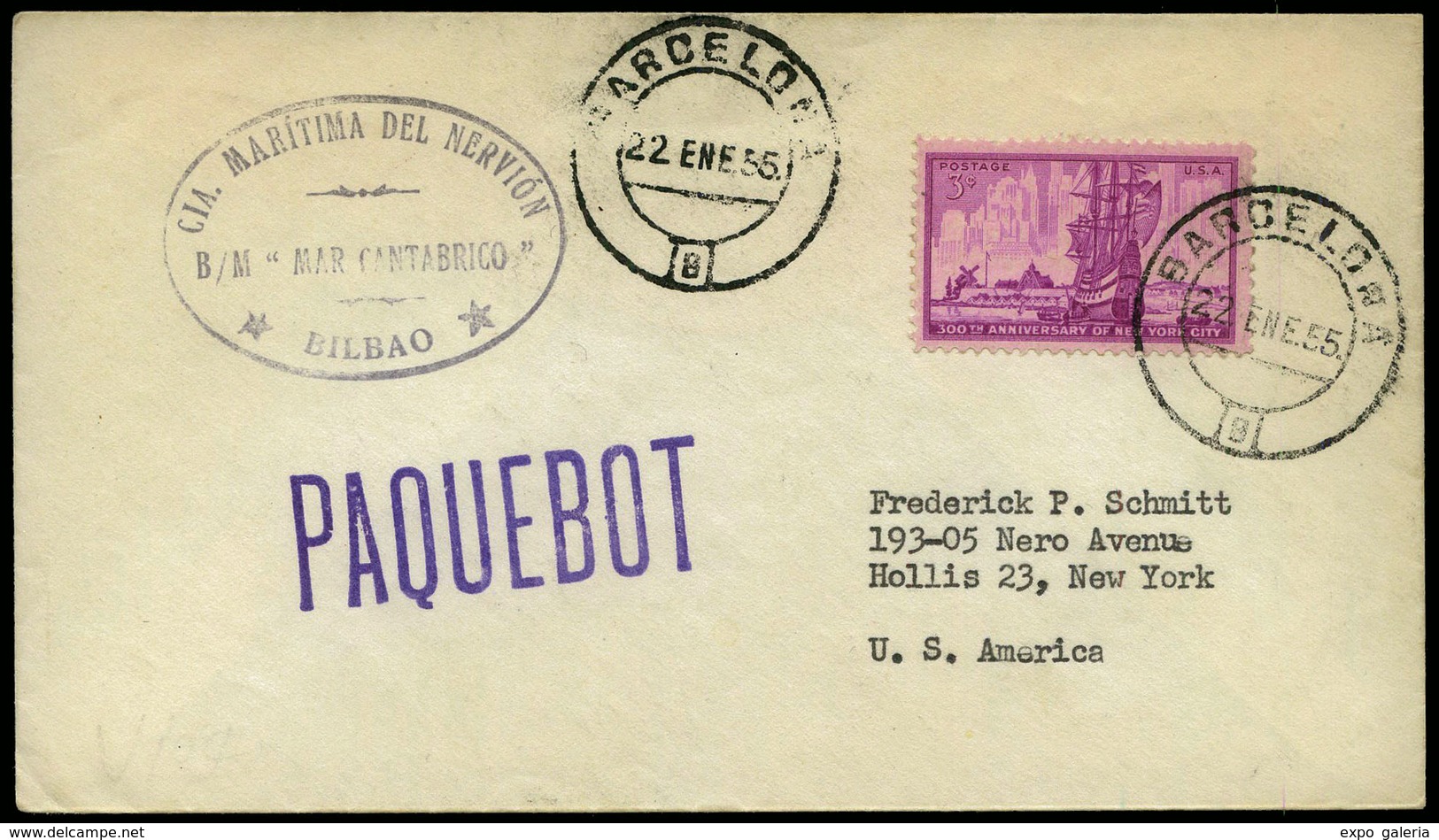 Sello USA 1955.Barcelona. Fechador “Barcelona 22/01/55” + Marca “Cia Marítima Del Nervión. B/M. Mar Catábrico” - Ungebraucht