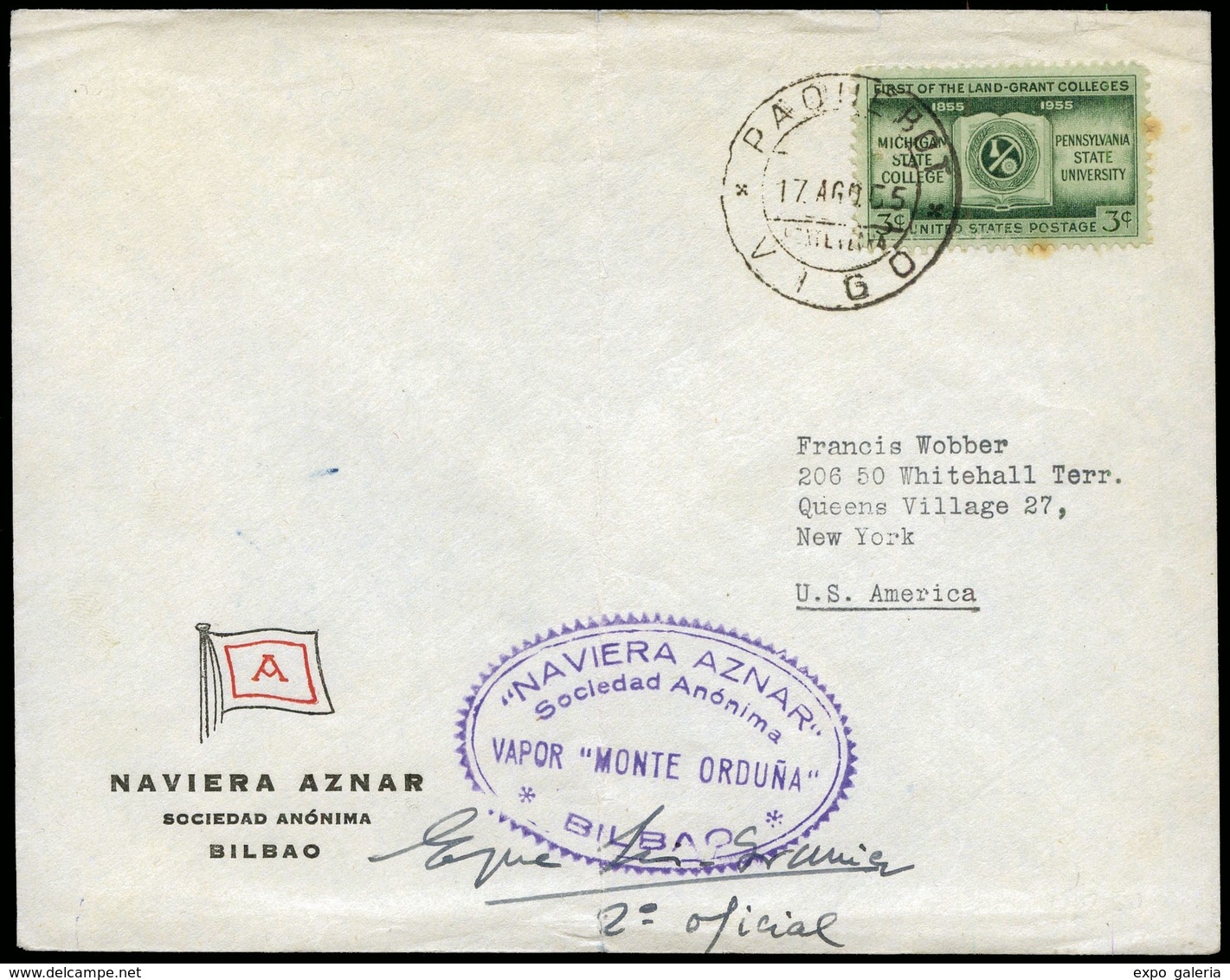 1955.Vigo. Carta Con Membrete “Naviera Aznar” + Fechador “Paquebot 17/08/55. Vigo” Sobre Sello USA - Neufs