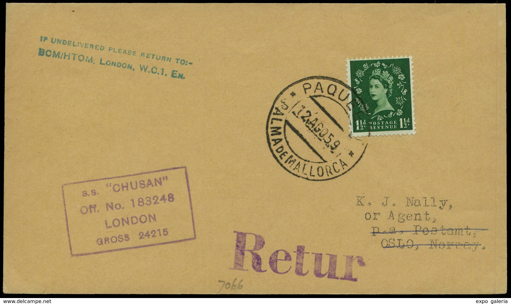 Sello Ingles 1959.Palma De Mallorca. Carta Cda Con Sello Inglés Y Fechador “Paquebot 12/08/59.Palma” - Unused Stamps