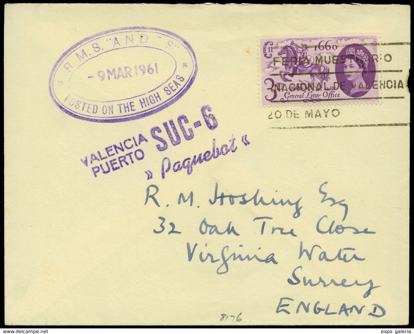 Sello Inglés 1961.Valencia. Carta Con Rodillo De Valencia Sobre Sello Inglés Y Cdo Con Marca “RMS And 9/3/61” - Unused Stamps