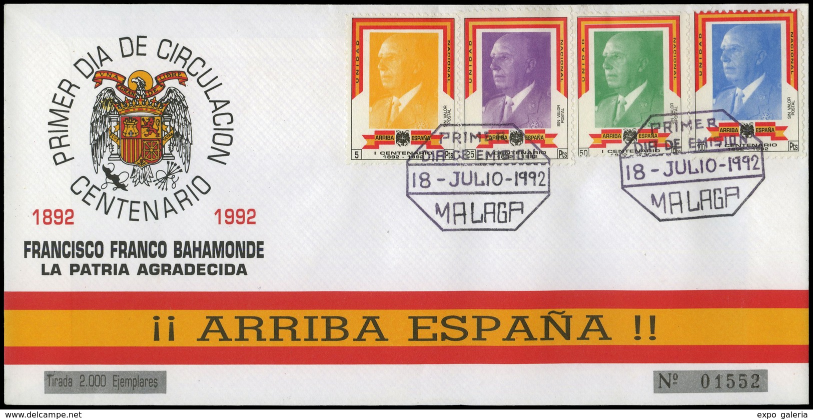 1992. 4 Valores En Sobre Con Mat. Esp. “Primer Día 18/Jul/1992-Málaga” Sobre Patriótico. (Modelo 2) - Ungebraucht