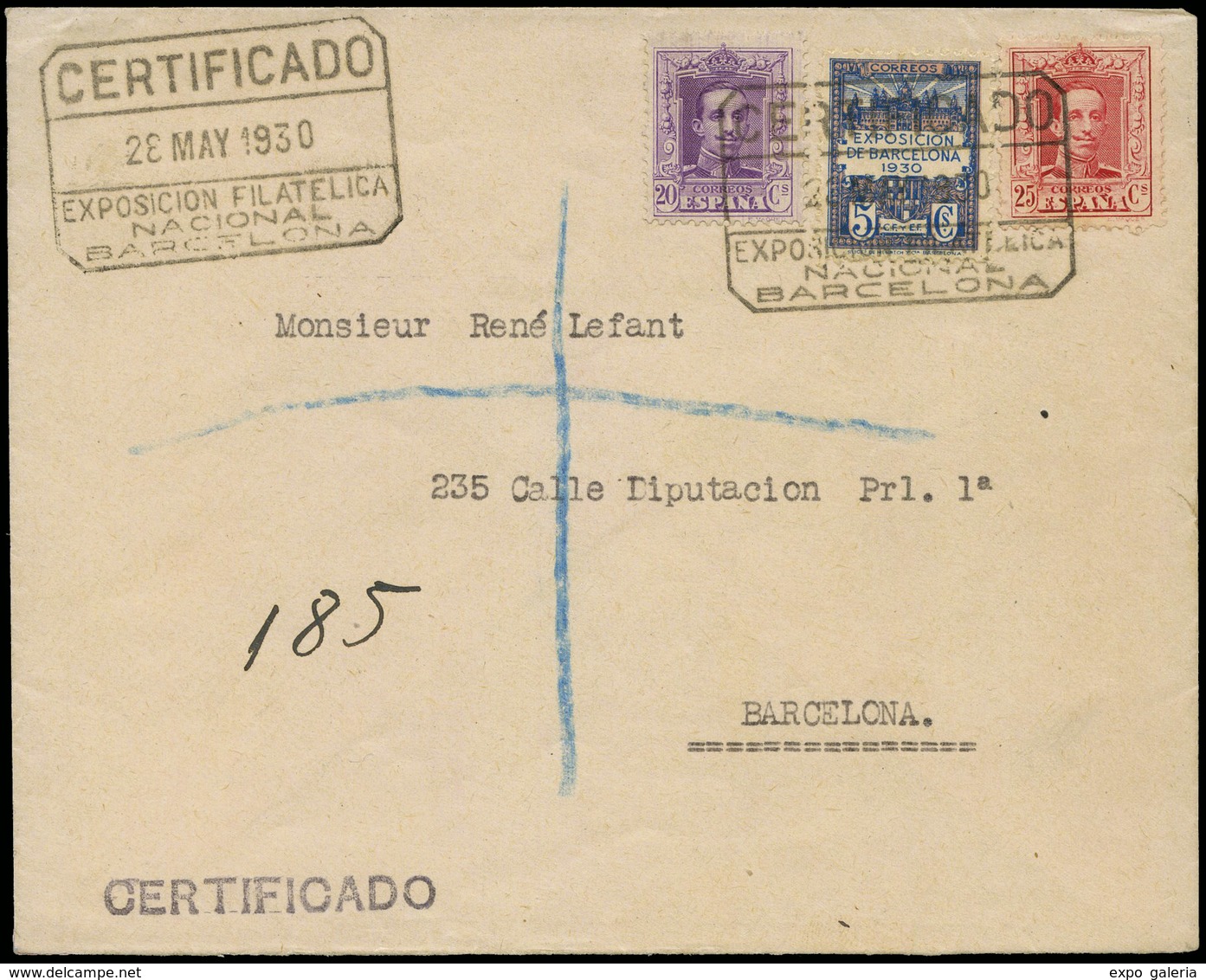 Ed. 7+316+317 - 1930. Carta Cda Correo Certificado Con Mat. Especial “Certificado Exposición Filatélica Nacional" - Barcelone