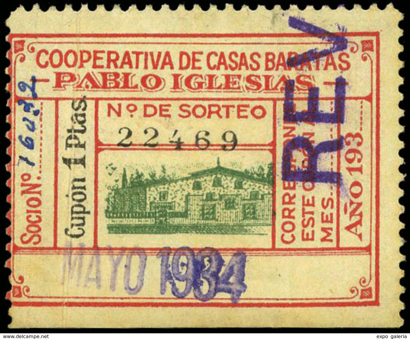 Ed. 0 1331 “Cooperativa De Casas Baratas. Pablo Iglesias” Muy Raro. - Spanish Civil War Labels