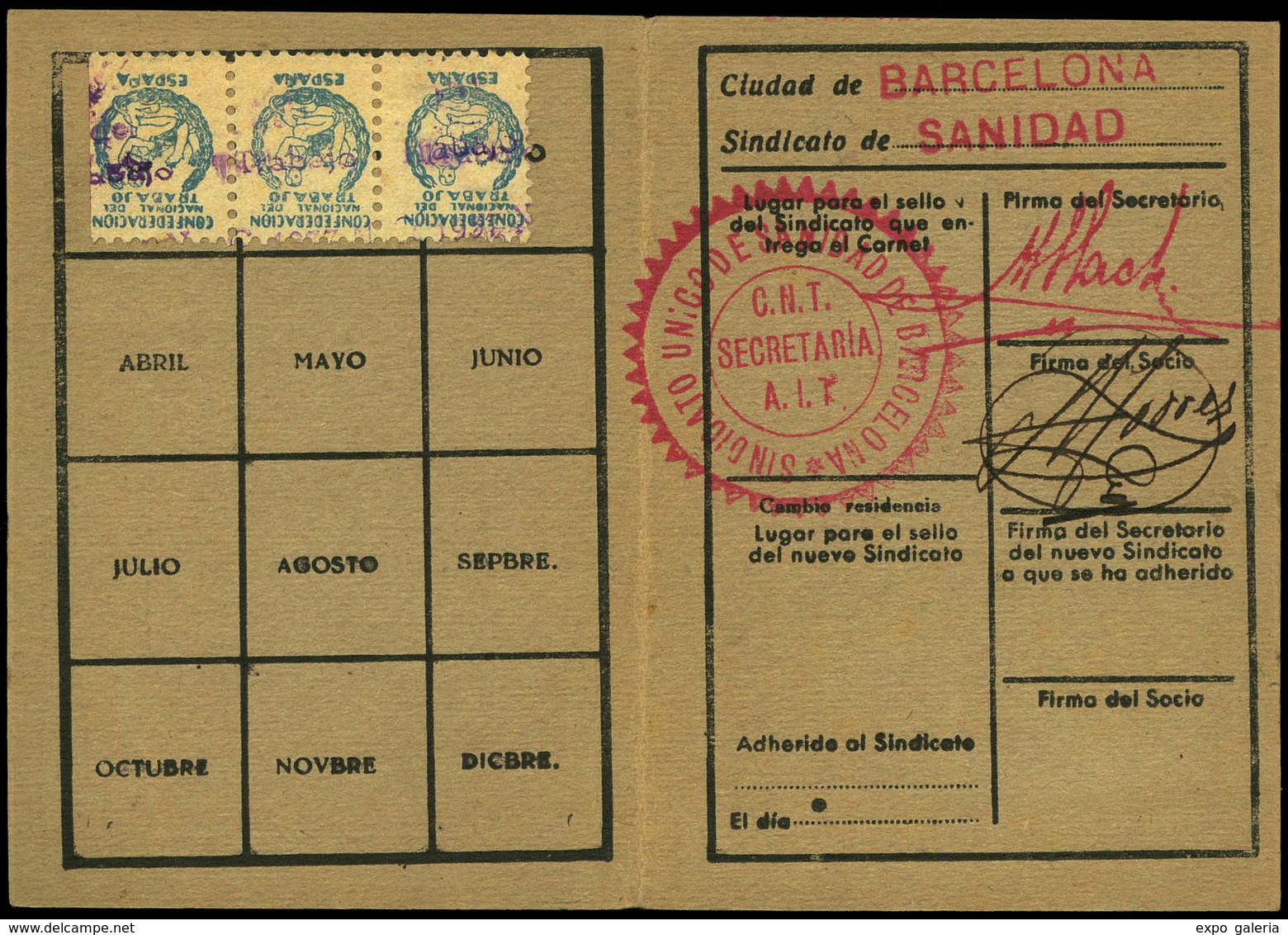 Ed. 0 1602(3) Carnet De Cotización Con 3 Valores En Azul. Muy Interesante. - Spanish Civil War Labels