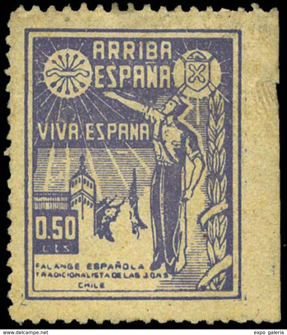 ** 335 Afinet 1939. Chile. “Arriba España. 0’50 Cts. Falange Española En Chile” - Spanish Civil War Labels