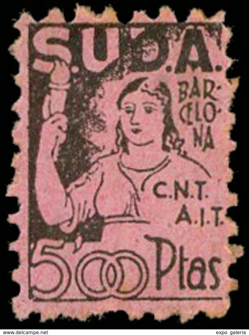 Ed. * 115 BARCELONA. “S.U.D.A. -CNT-AIT-5Ptas.” Rosa. Muy Raro. - Spanish Civil War Labels