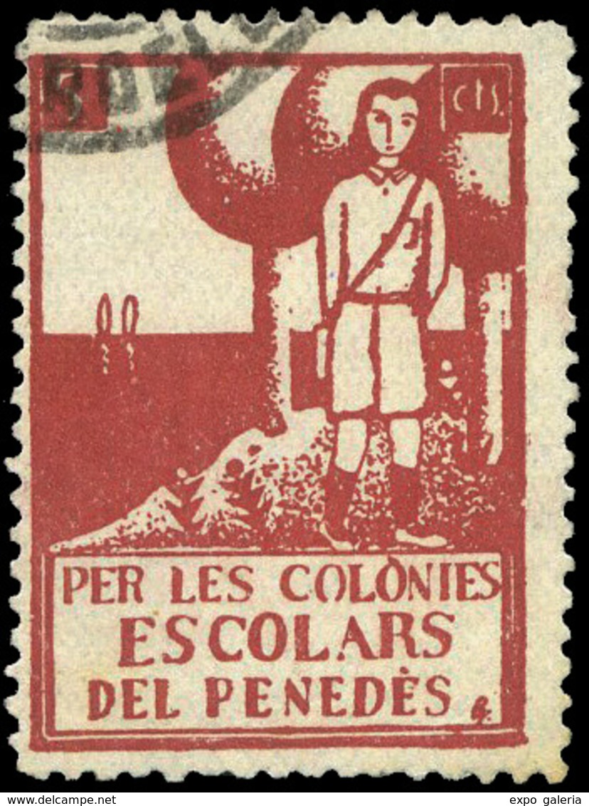 Ed. 0 1 Barcelona.VILLAFRANCA PENEDÉS “Per Les Colonies Escolars. 5 Cts.” Rojo. Muy Raro. Usado - Vignettes De La Guerre Civile