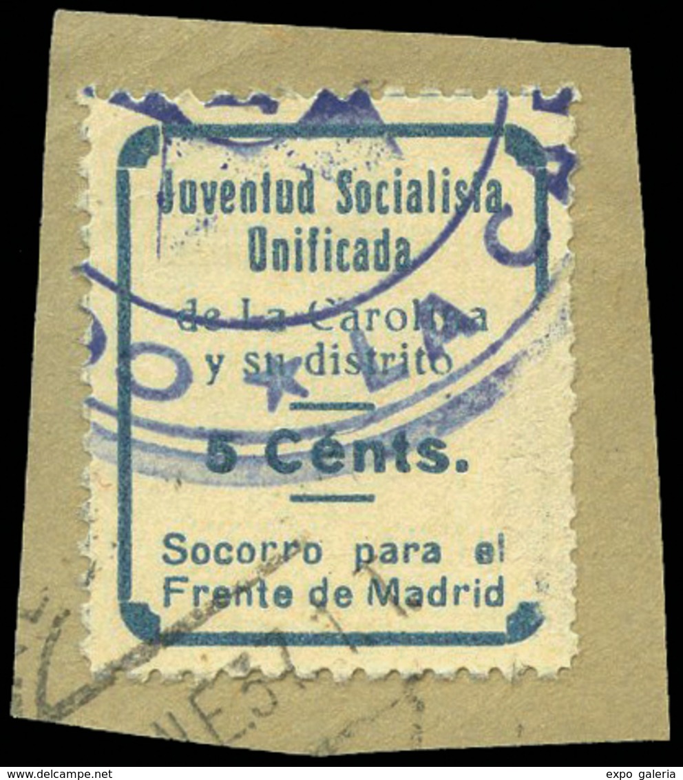 Ed. 1 Jaen.LA CAROLINA. “Socorro Para El Frente De Madrid” 5Cts. Azul. Muy Raro. - Spanish Civil War Labels