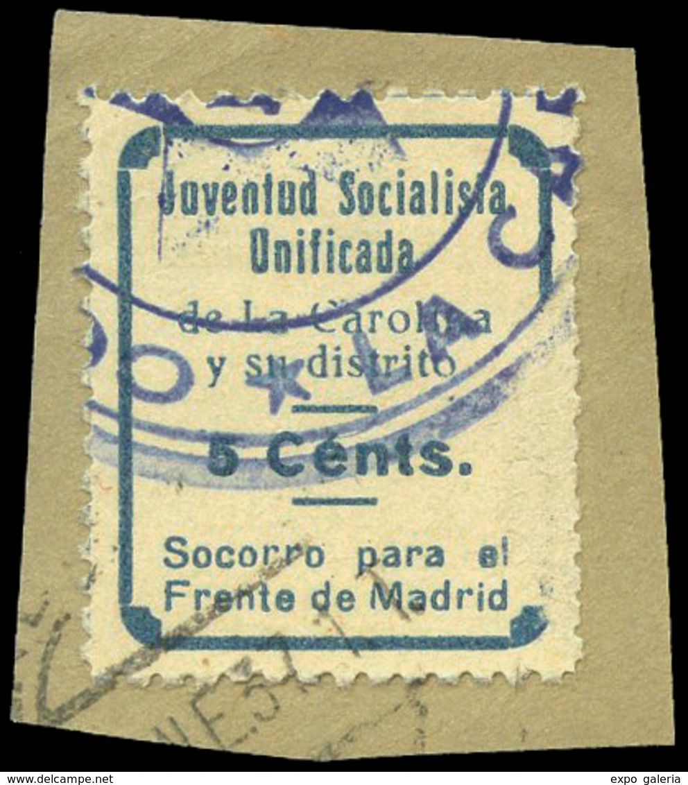 Ed. 1 Jaen.LA CAROLINA. “Socorro Para El Frente De Madrid” 5Cts. Azul. Muy Raro. - Verschlussmarken Bürgerkrieg