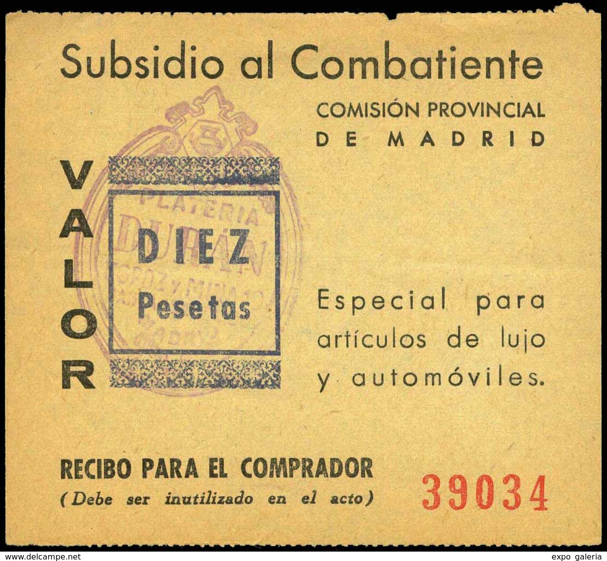 Ed. ** All. 31 MADRID. “10 Pesetas. Subsidio Al Combatiente” Raro. - Vignetten Van De Burgeroorlog