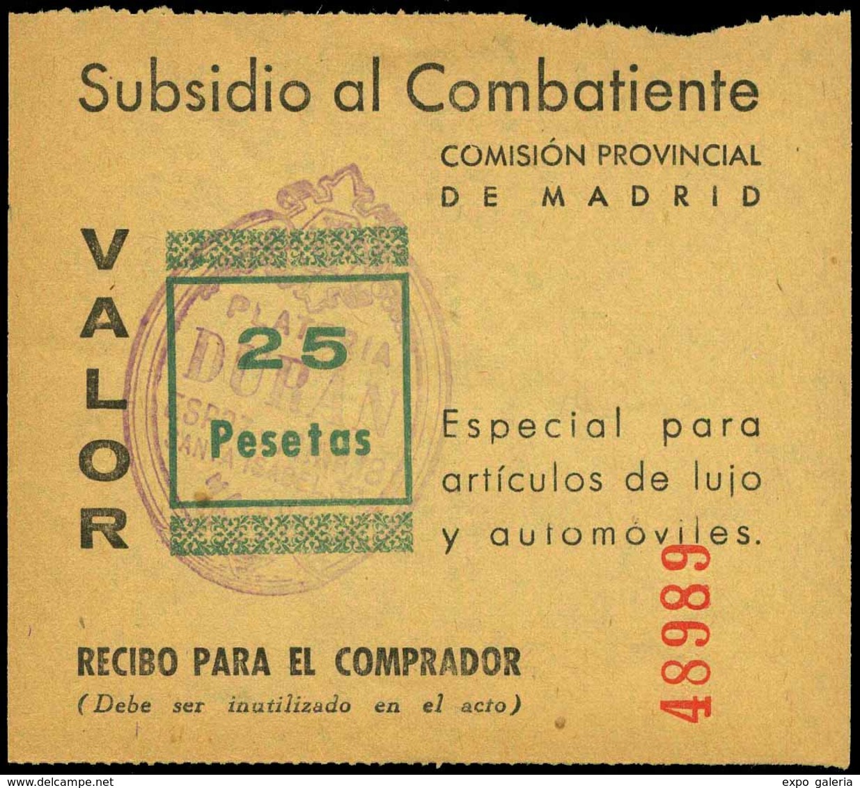 Ed. ** All. 33 MADRID. “25 Pesetas. Subsidio Al Combatiente” Raro. - Vignetten Van De Burgeroorlog