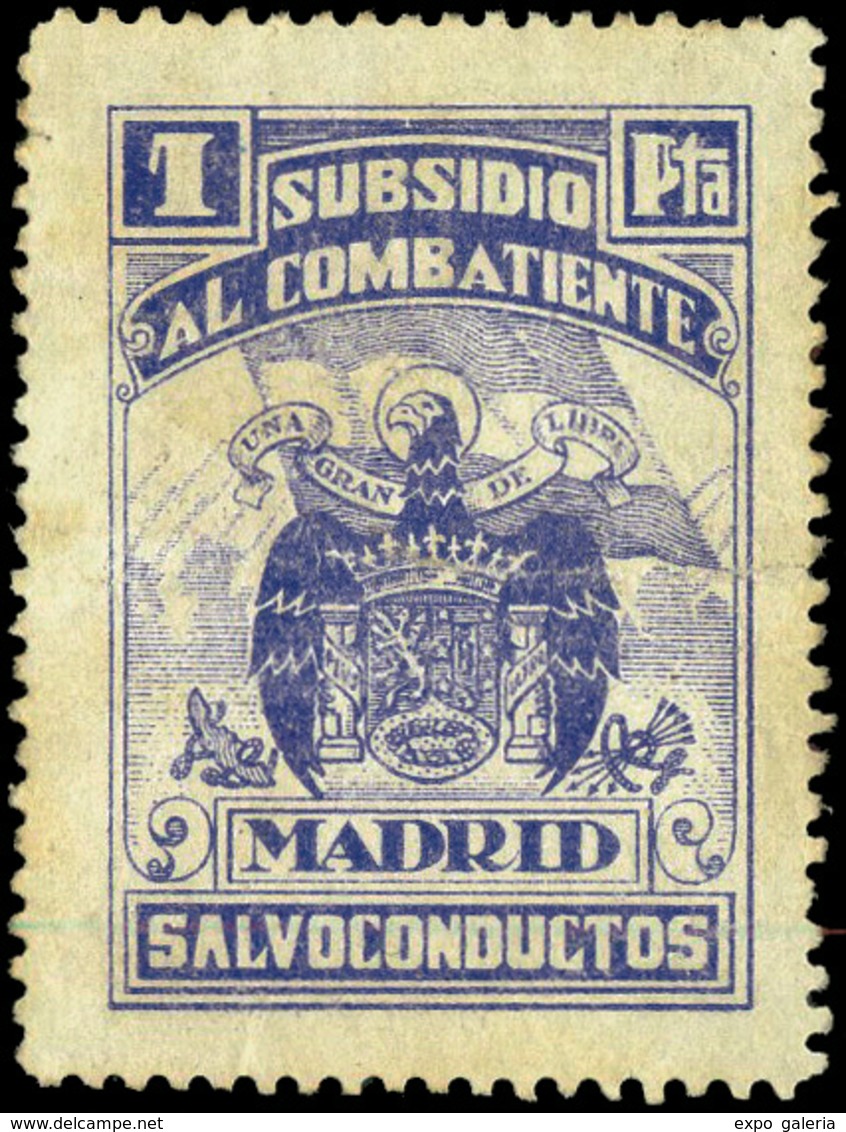 Ed. ** 34 MADRID. “Subsidio Al Combatiente-Salvoconductos. 1Pta.” Azul. Escaso. - Spanish Civil War Labels