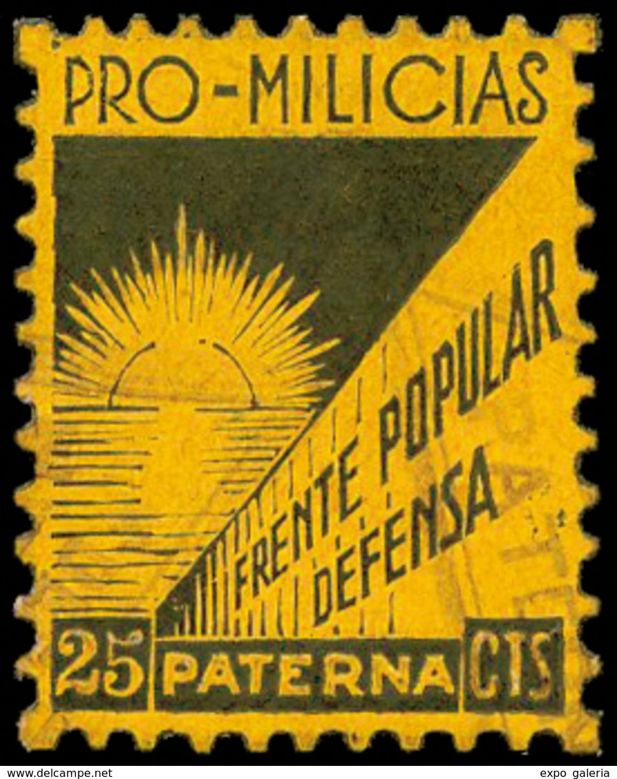 Ed. * 3 Valencia.PATERNA. “Pro Milicias 25Cts.” Amarillo. Rarísimo Ejemplar. - Spanish Civil War Labels