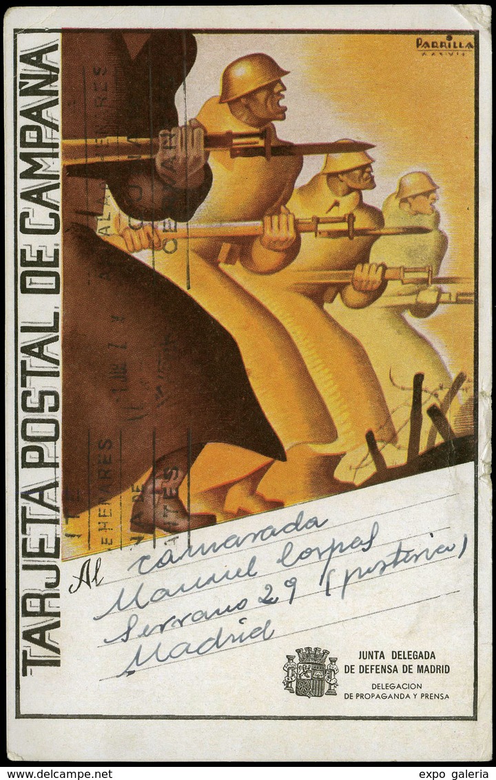 T.P. 1937. Tarjeta Postal De Campaña Ilustrada Cda Desde El Frente De Guadalajara A Madrid. 1/Jul/37 - Republikeinse Uitgaven