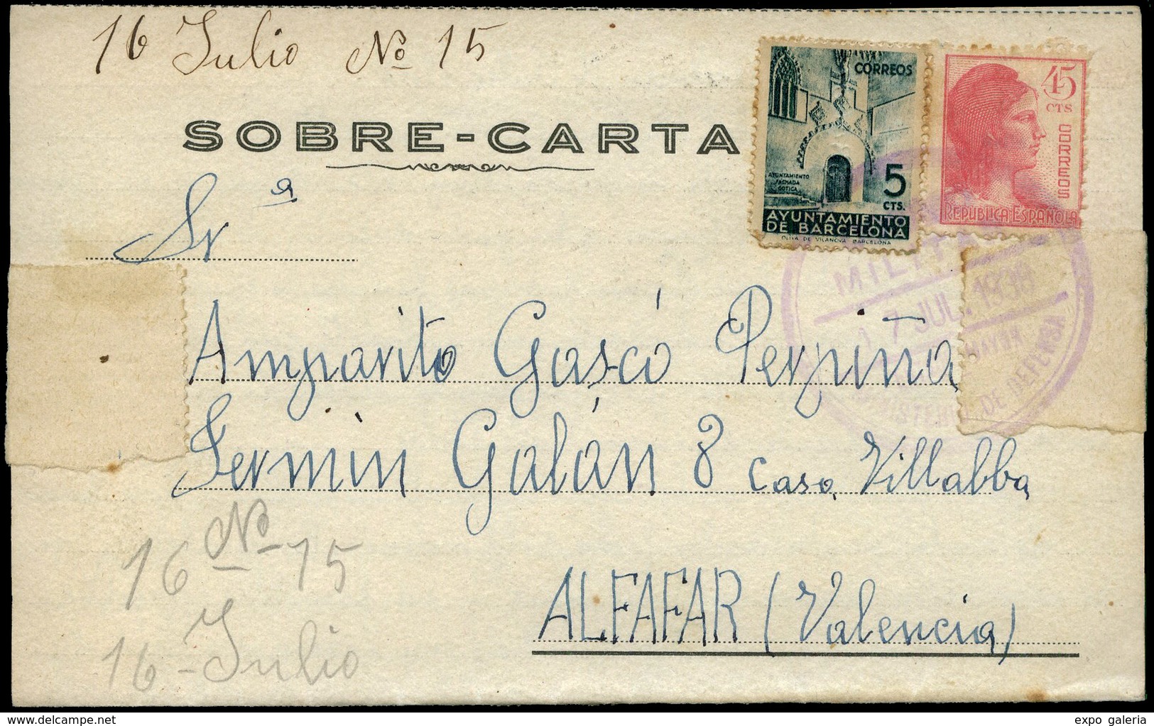 Ed. T.P+752+Barna 19 - Carta Cda De Barcelona A Alfafar(Valencia) Mat. Fechador “Correo Militar 17/Jul/1938 - Republikeinse Uitgaven