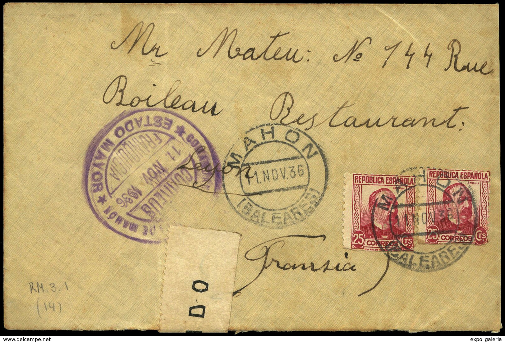 Ed. 685(2) - 1936.Menorca. Carta Cda Correo Aereo De Mahón A Francia Con Etiqueta Censura De Menorca - Republikeinse Uitgaven