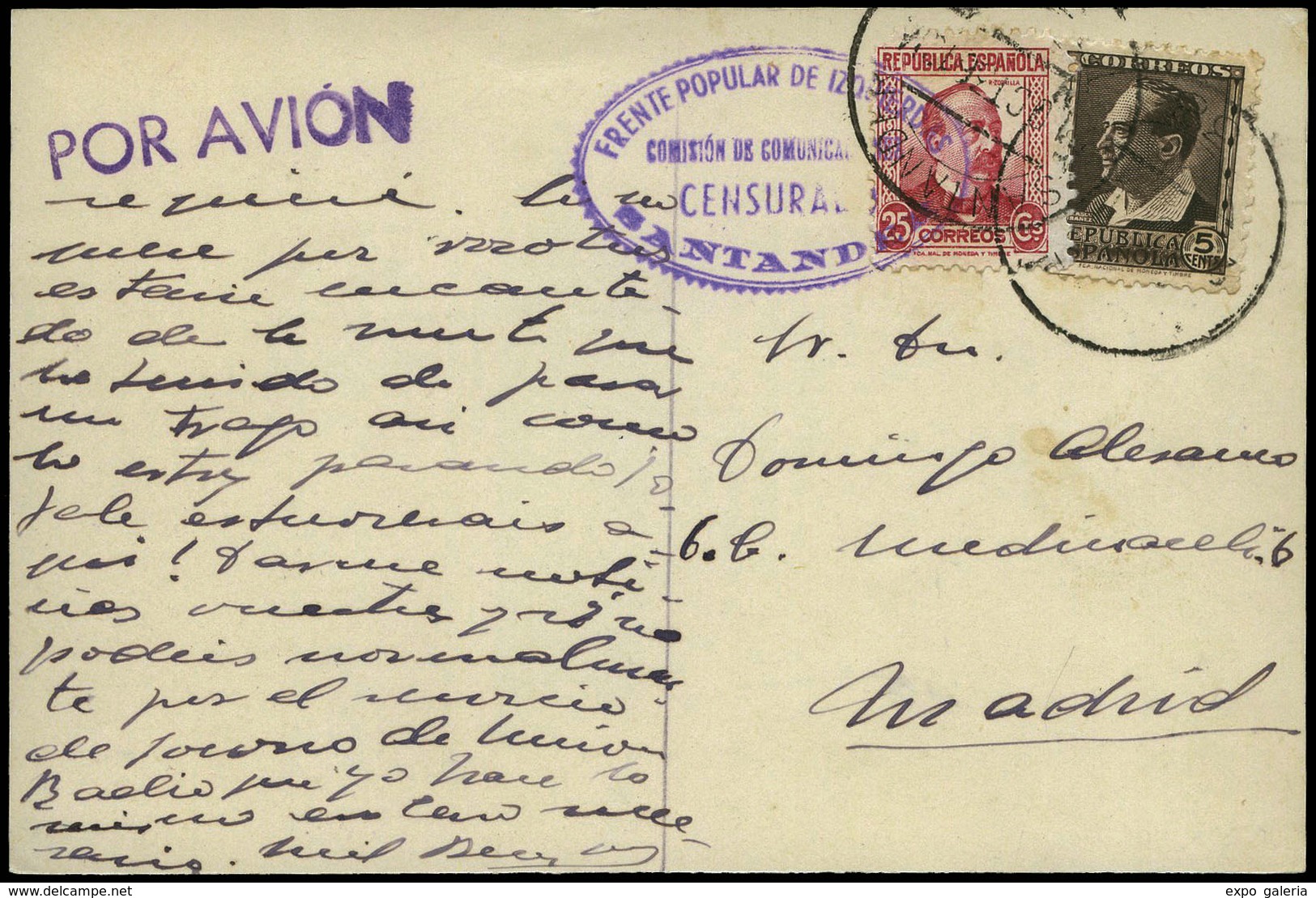 T.P. 1936. Correo Aereo. Servicios Postales De La Lape (Santander-Madrid). Rarísima Tarjeta Cda De Santander A Madrid - Republican Issues