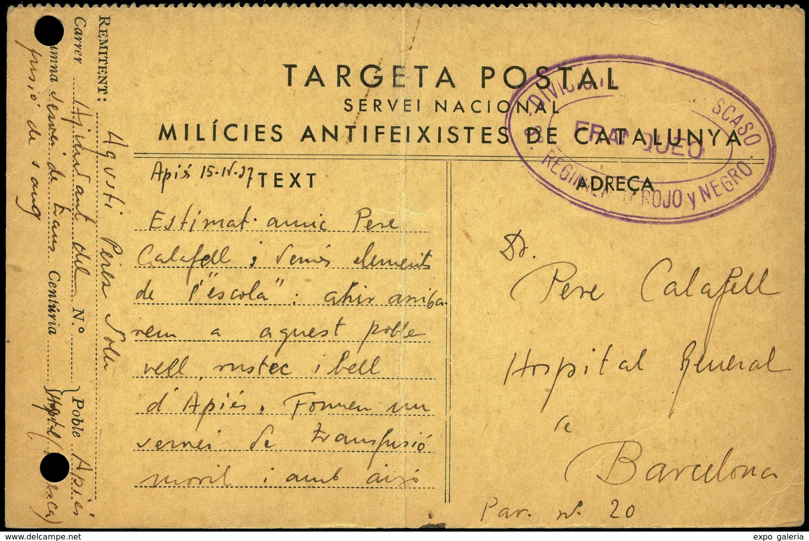 T.P 1937. Tarjeta De Las “Milicies Antifeixistes” Cda Del Frente A Barcelona Con Marca “División Fernando Ascaso" - Emissions Républicaines