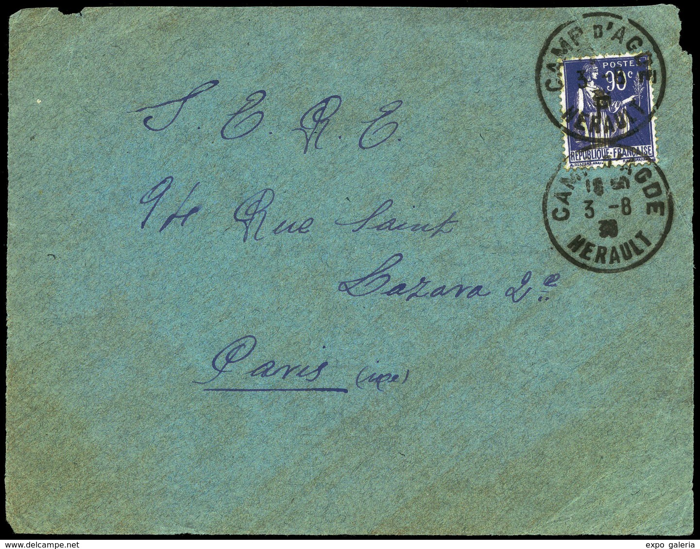 Frontal 1939. “Camp D’Agde 03-08-39” A Paris Y Cda Al S.E.R.E. Frontal. - Military Service Stamp