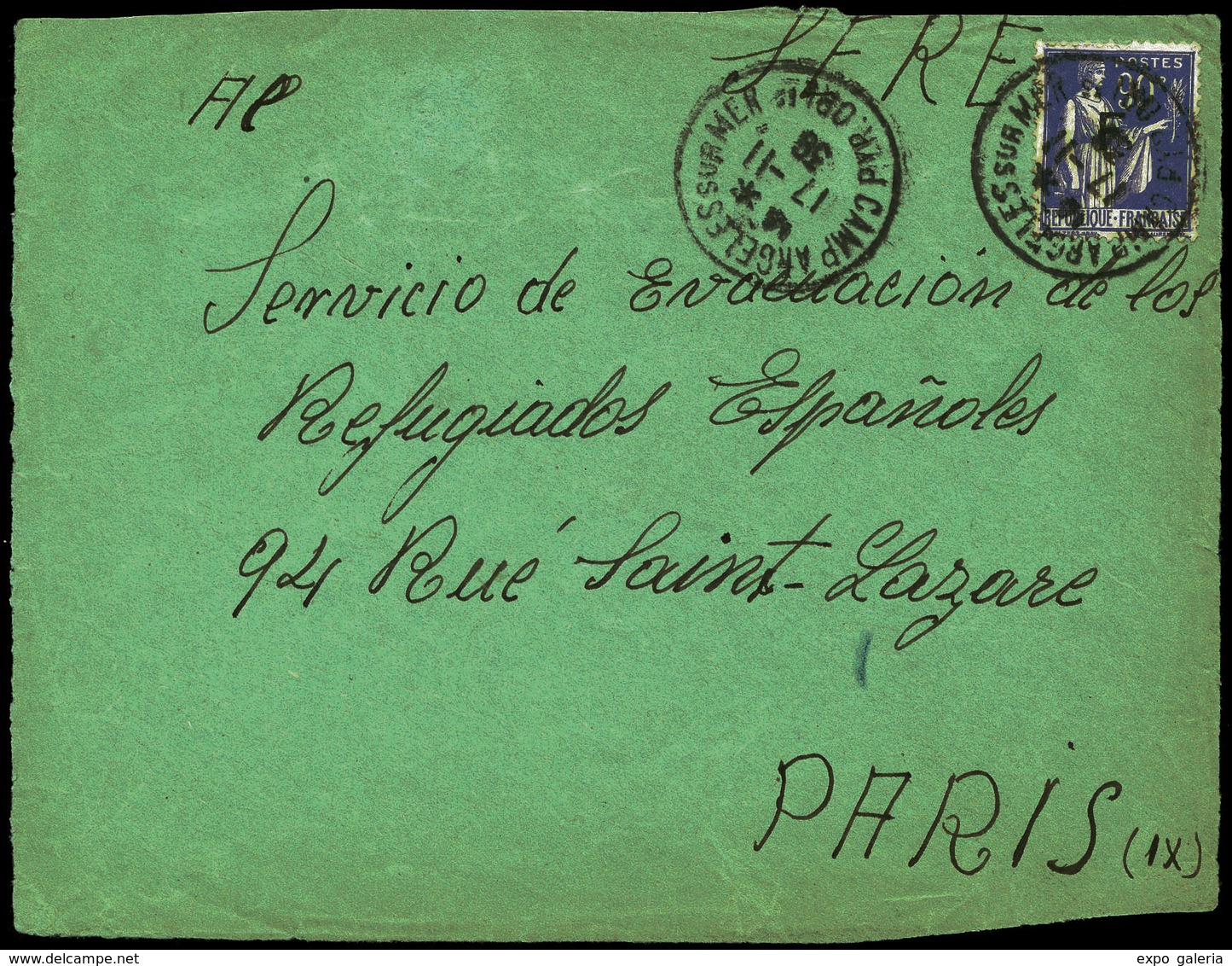 Frontal 1939. “Camp D’Argeles Sur Mer 17-11-39” Y Cda Al S.E.R.E. Servicio De Evacuación De Auxilio A Los Republicanos - Military Service Stamp