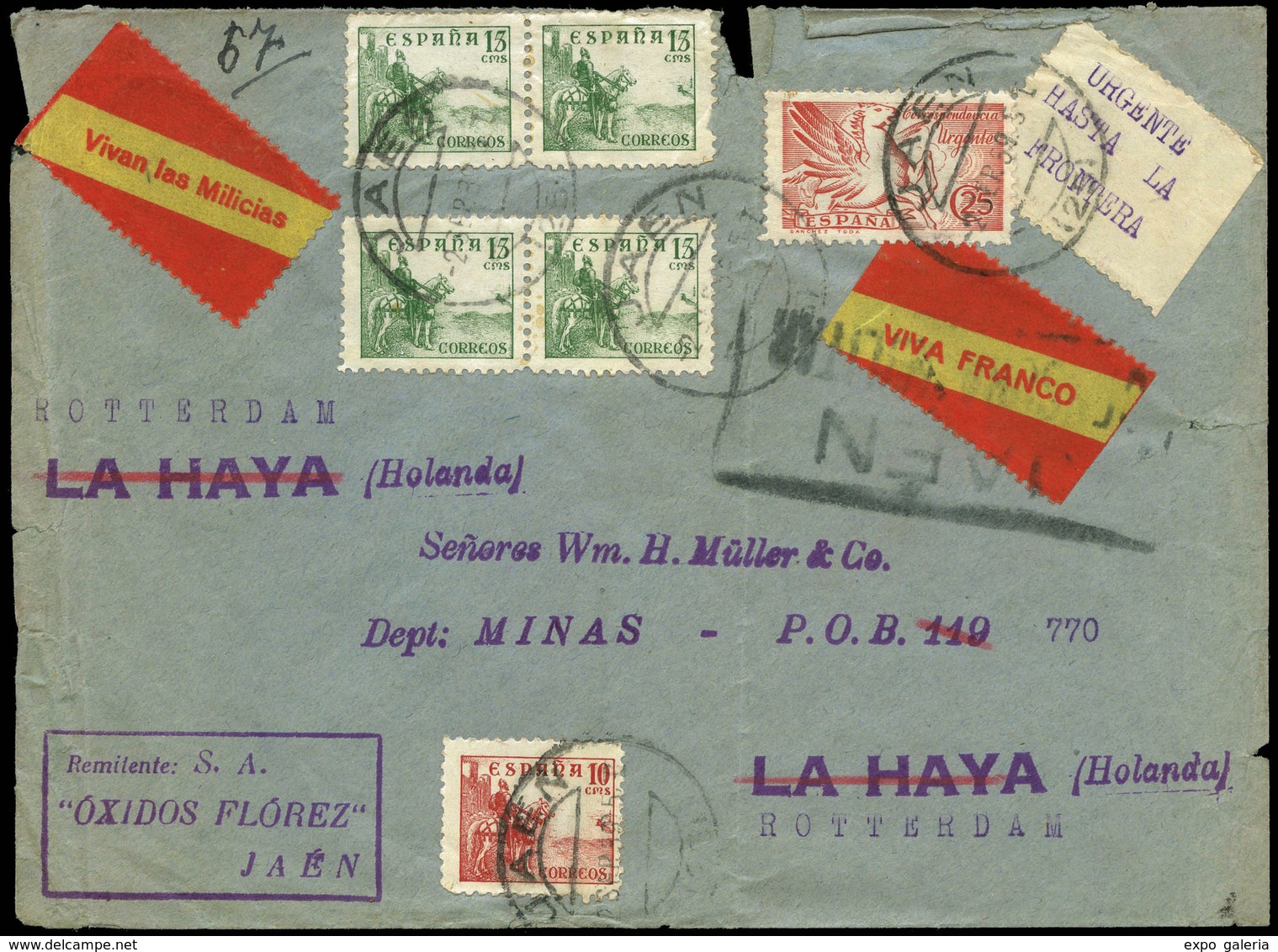 Ed. 879-818-819(4) - 1939. Carta Cda “Jaen 02/Sep/39” A La Haya Y Reexpedida A Rotterdam, Con 2 Raras Etiquetas - Nationalistische Ausgaben