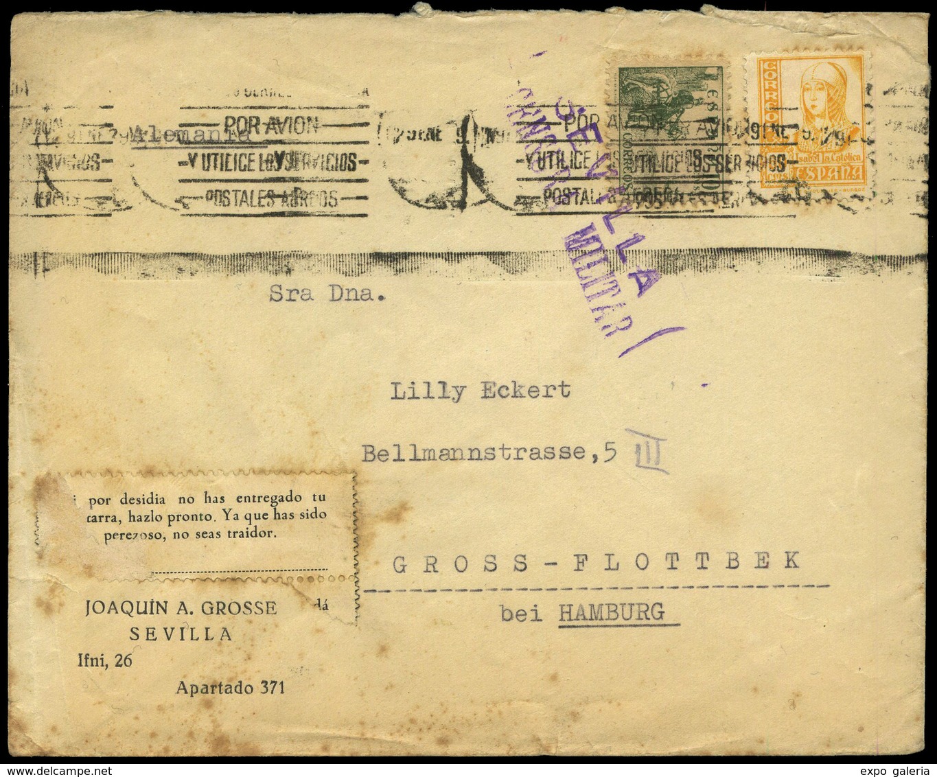 Ed. 817-826 - 1939. Cda De Sevilla A Hamburgo Con C. M. Y Etiqueta “Si Por Desidia No Has Entregado…" - Nationalist Issues