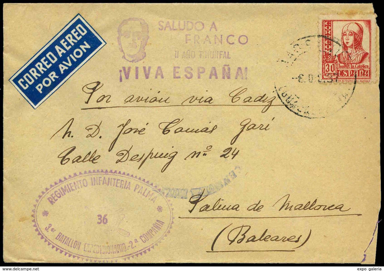 Ed. 823 - Carta Correo Aereo De Espinosa De Henares (Guadalajara) A Palma De Mallorca - Emissions Nationalistes