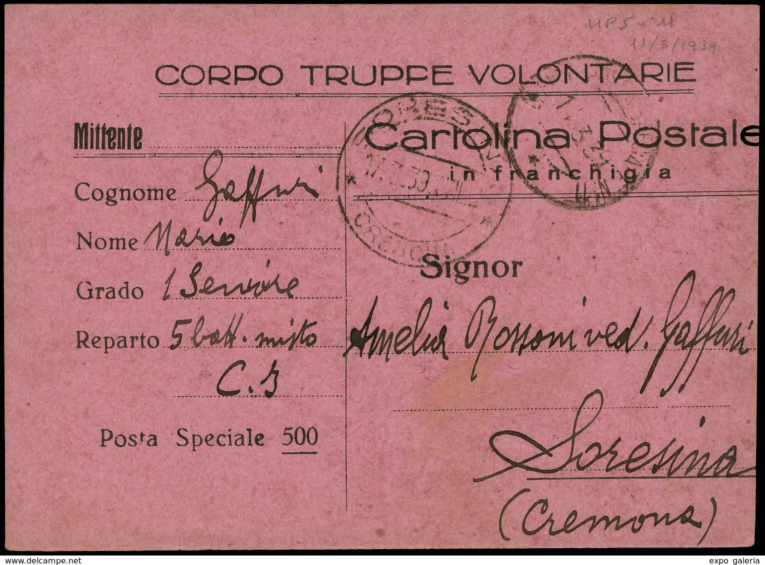 T.P. 1939.Color Rosa. “Corpo Truppe Volontarie Cartulina Postale In Franchigia. Posta Speciale 500”. Lujo. - Cartas & Documentos