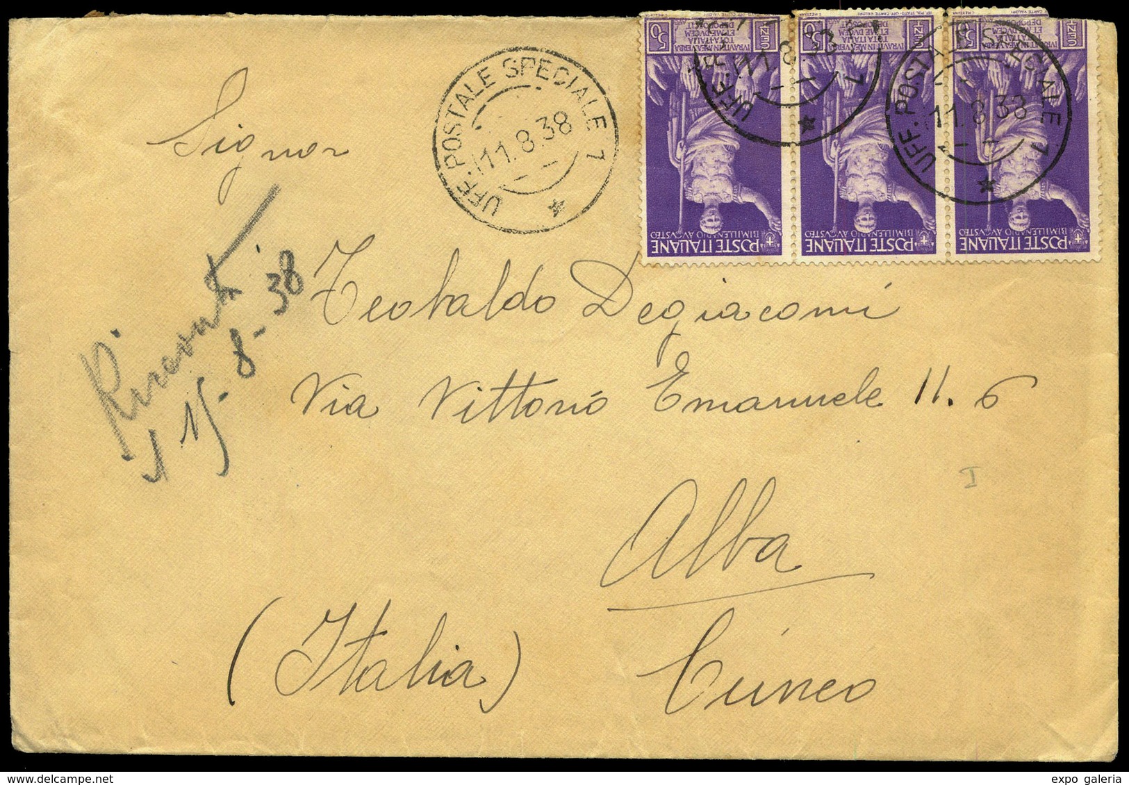 1938. Carta Cda A Italia Con Fechador “Uff. Postale Speciale 7-11/08/38” - Briefe U. Dokumente