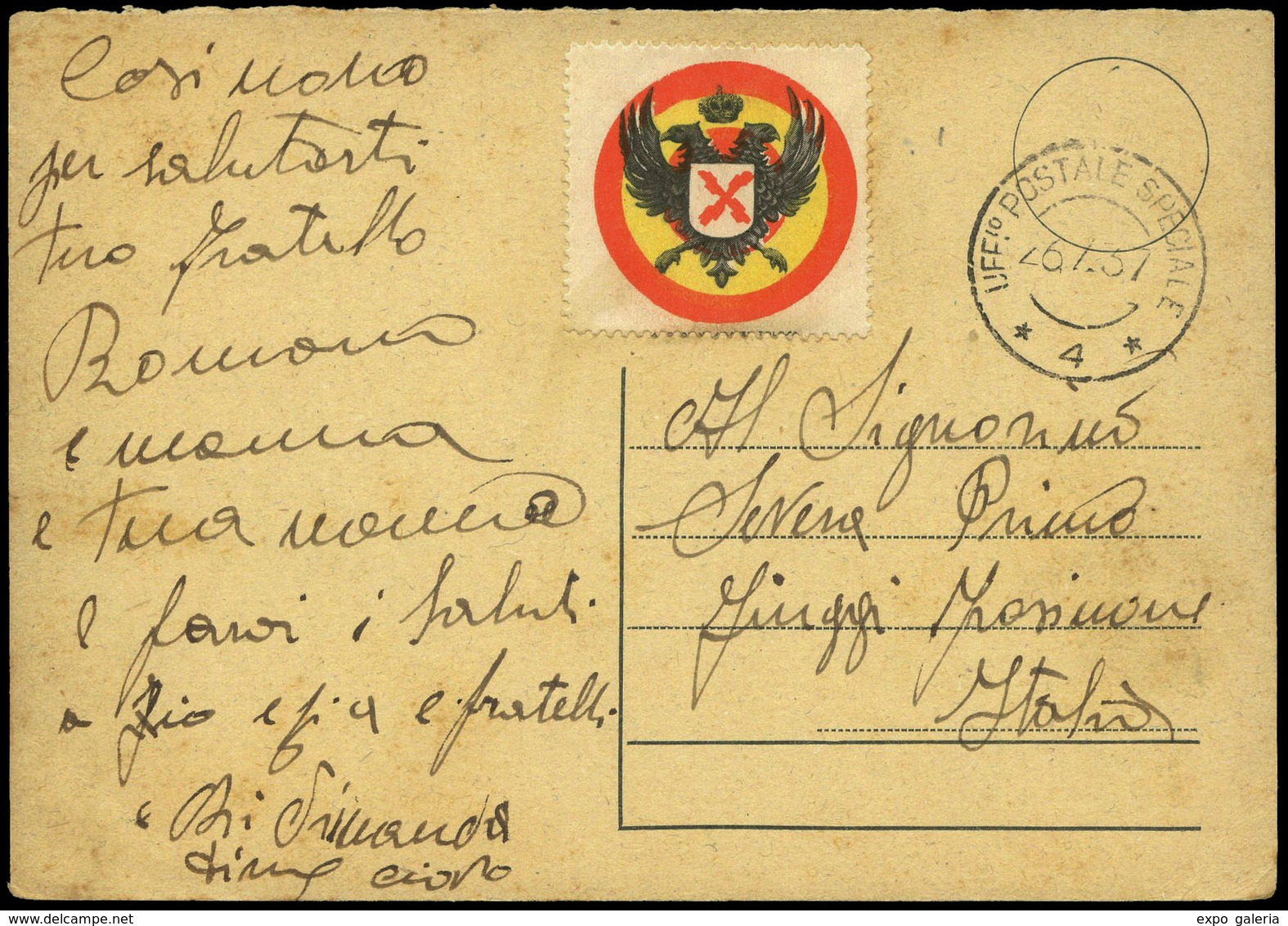 T.P. 1937. Tarjeta Postal Con Viñeta De Requetés Y Cda A Italia Con Fechador “Uff. Postale Speciale-4- 26/07/37” - Briefe U. Dokumente