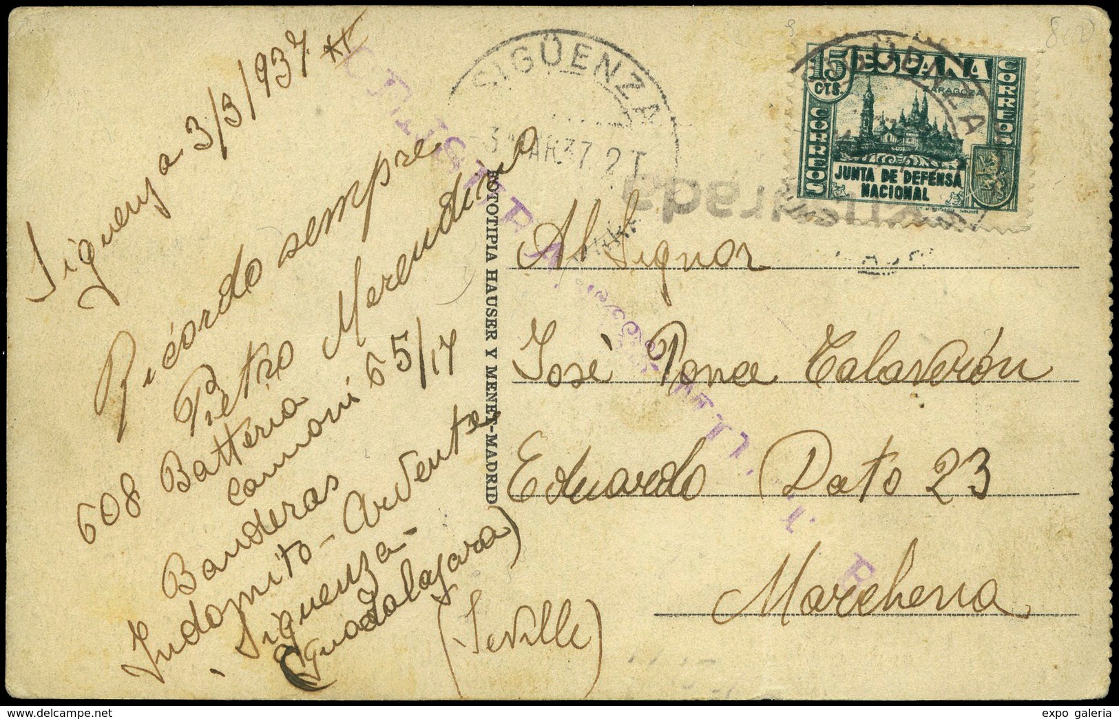 Ed. T.P. 806 Postal Cda Por Un Legionario Italiano En El Frente De Sigüenza A Marchena (Sevilla) 3/3/1937 - Covers & Documents