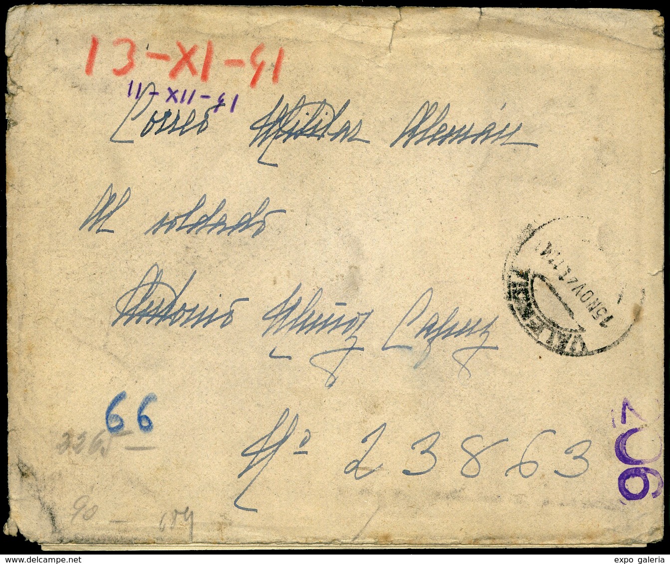 1941. 13/11/41. Carta Cda Desde Valencia Al Frente Ruso Con Marca “206” + Fechador “Valencia” - Covers & Documents